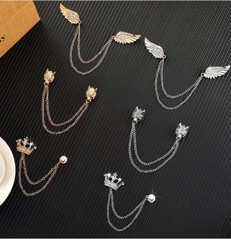 Trnayi 6 Pieces Tassel Chain Brooch Collar Pins Wedding Brooches Collar Pins Wings Wolf Head Crown Lapel Suit Shirt Tuxedo Accessories for Wedding Anniversary Halloween Birthday Party Office - Image 5